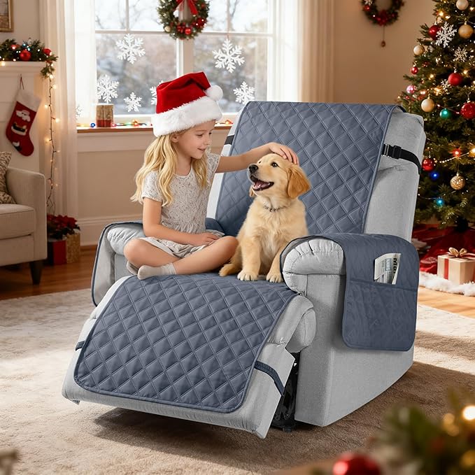 TAOCOCO 100% Waterproof Recliner Chair Cover Non-Slip Reclining Cover for Recliner Chair Washable Chair Seat Cover with Elastic Straps for Pets Sofa Slipcover with Pocket (Small 23'', Bluish Grey)