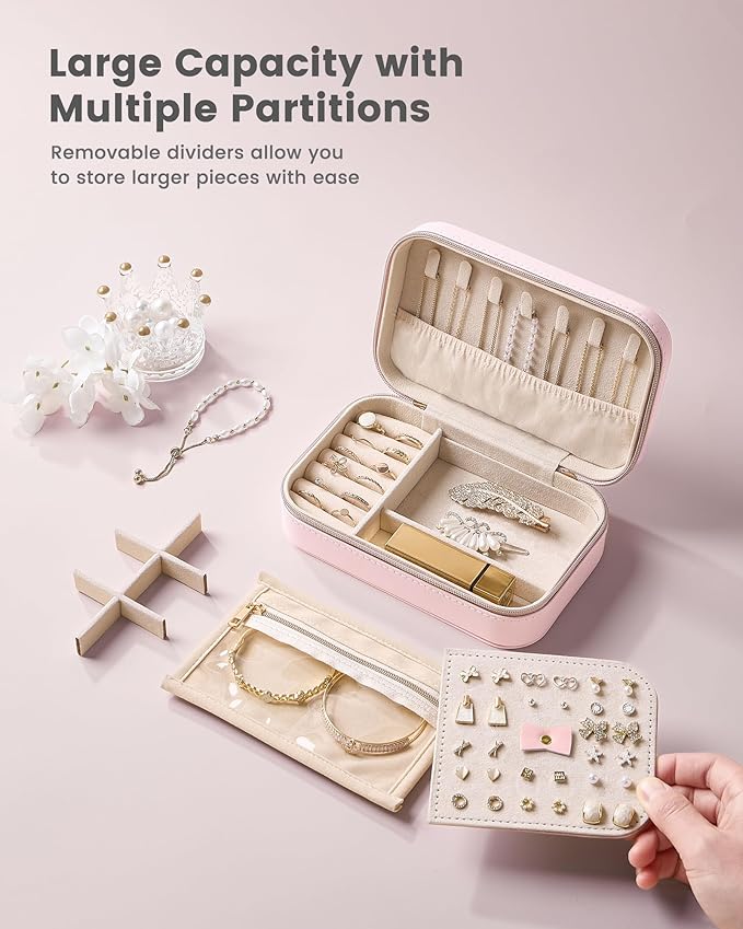 Lolalet Travel Jewelry Case for Women Girls, Travel Jewelry Organizer with Clear Storage Bag Small Portable Jewelry Box for Necklace Bracelet Earring Ring Valentines Bridesmaid Gifts -Medium/Pink