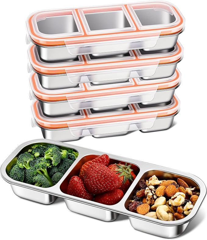 KTKUDY 5 Pack Stainless Steel Snack Containers for Kids & Adults - Leak-Proof 3-Compartment Stackable Snack Lunch Boxes for School, Work & Travel