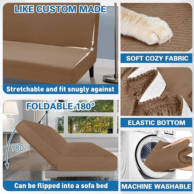 ZNSAYOTX Stretch Fit Futon Cover (67"-82") Armless Futon Sofa Bed Slipcover with Elastic Band, Universal Foldable Sofa Mattress Protector Full Queen Size, Washable Comfort Jacquard (Light Coffee)