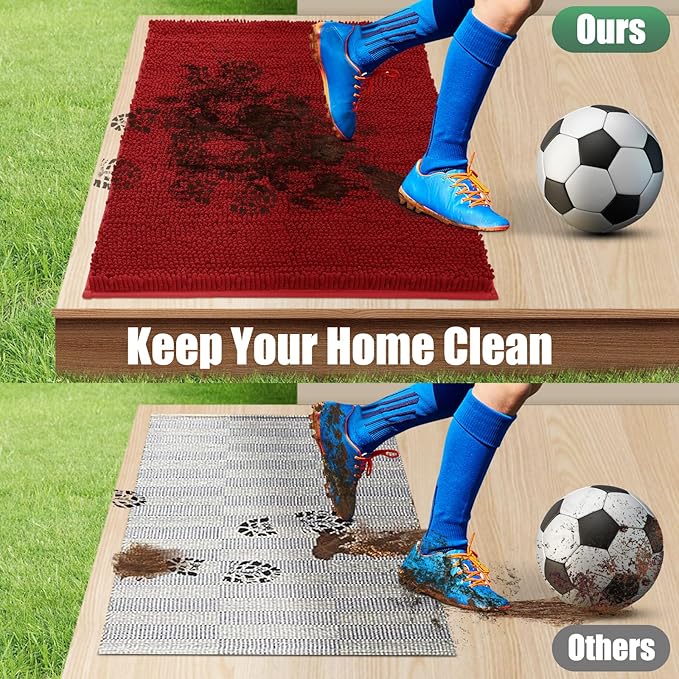 IM HOME Chenille Absorbent Outdoor Doormat 48" x 30", Washable Muddy Door Mats for Dog Non Slip Indoor Doormat Dog Mat for Muddy Paw Front Inside Doormats for Entryway Red Burgundy