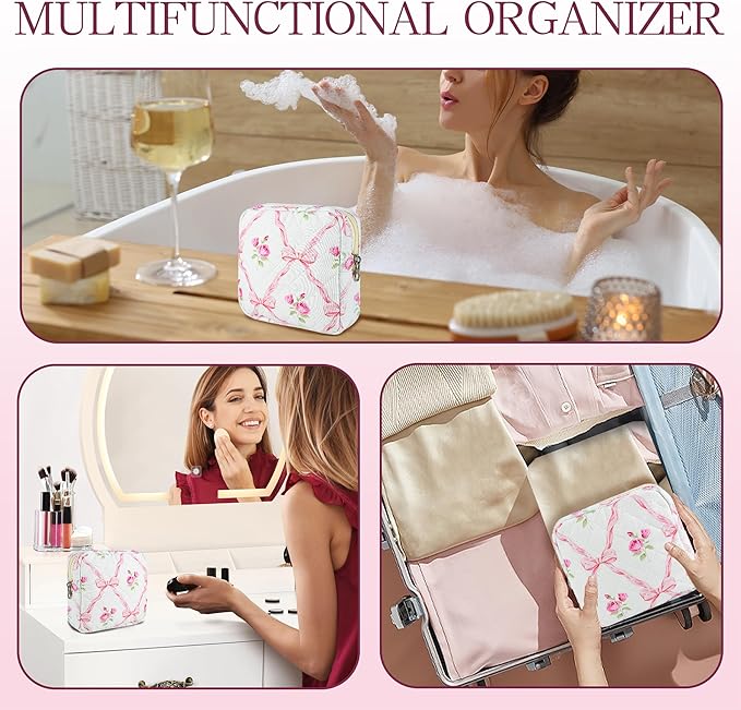 Small Floral Quilted Makeup Bag, Coquette Aesthetic Travel Toiletry Organizer for Women, Lightweight Cotton Cosmetic Pouch