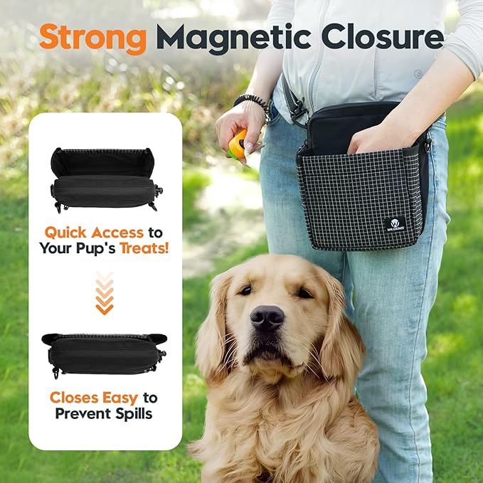 WILDOMS Dog Treat Pouch – Large Capacity with Magnetic Closure, Dog Walking Fanny Pack Built-in Poop Bag Dispenser, Clicker & Collapsible Bowl for Training & Walking - Black