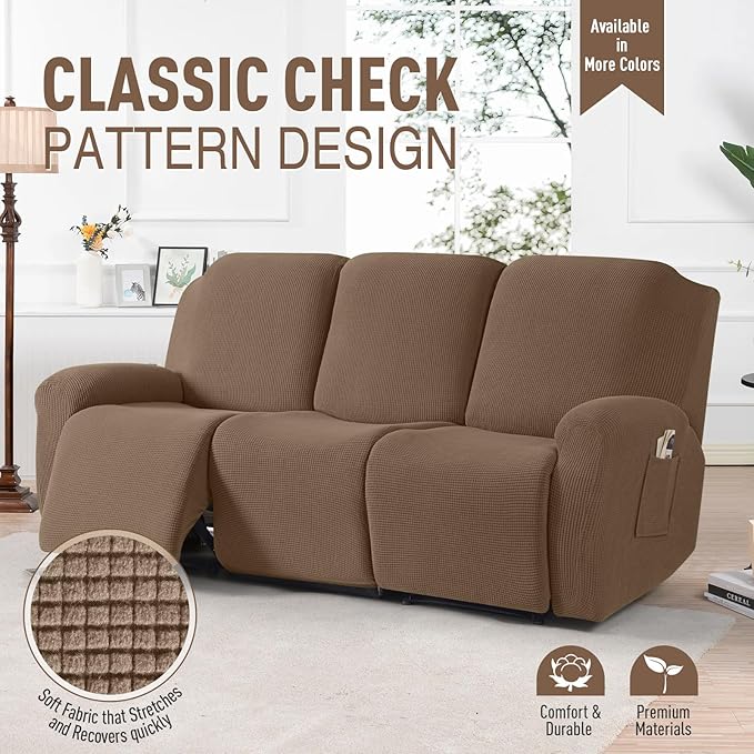 TAOCOCO Recliner Sofa Covers 8-Pieces Stretch Large Couch Covers for 3 Seats Reclining Slipcovers Soft Jacquard Pattern Furniture Protector (Khaki)