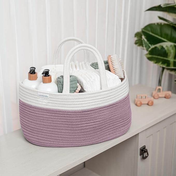 Comfy Cubs Rope Diaper Caddy Organizer 8.5" x 15" x 8" - Large Baby Diaper Basket with 3 Spacious Compartments - Stylish Cotton Baby Caddy Organizer for Diapers, Wipes & Essentials - Mauve