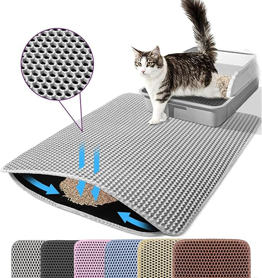 Small Cat Litter Mat, 20x14 Inches Double Layer Honeycomb Cat Litter Trapping Mat, Non Slip Waterproof Urine Proof Litter Box Mat for Floor, Kitty Litter Rug, Pet Supplies, Gray