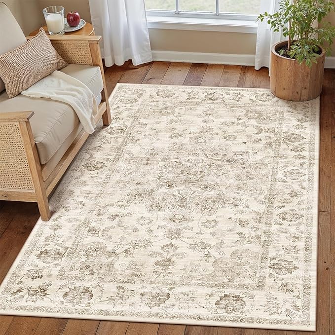 3x5 Washable Neutral Area Rug Beige Vintage Entryway Office Carpet Non-Slip Soft Low Pile Farmhouse Throw Rug for Entrance Living Room Bathroom Dining Room