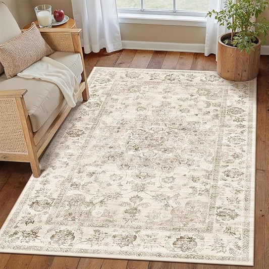 3x4 Washable Neutral Area Rug Beige Vintage Entryway Office Carpet Non-Slip Soft Low Pile Farmhouse Throw Rug for Entrance Living Room Bathroom Dining Room