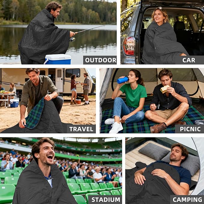 KawaGebo Kamp Outdoor Waterproof Blanket, Foldable Fleece Stadium Blanket for Outdoor Sports Event, Camping, Car, Pet, Picnics - Windproof, Wearable, Machine Washable 80" x 58" (Green Check)