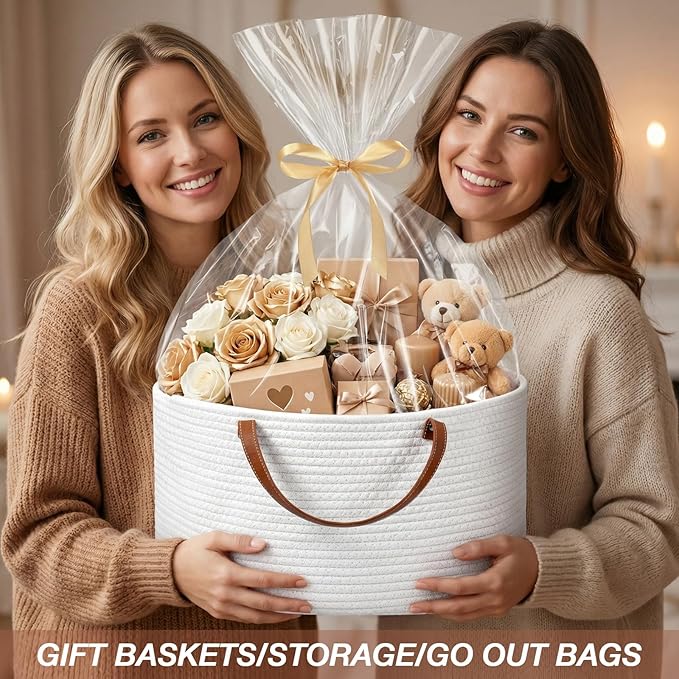 Colingmill Valentine's Day Empty Woven Gift Basket with PU Leather Handle and Bag 12" x 8" x 5"Cotton Rope Basket Organizer for Pet Toy Storage Baby Shower Birthday Party Wrapping Gift(16.5*10*9 Inch)