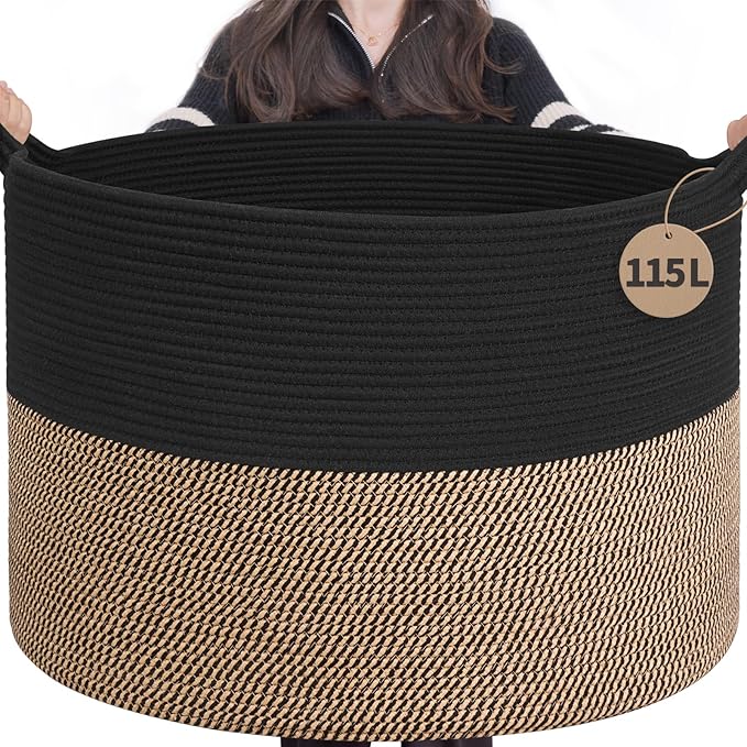 INDRESSME 115L Extra Large Storage Baskets for Organizing, Blanket Basket Living Room Dog Toy Bin, Wicker Storage Woven Laundry Basket for Pillows, Towel Shoes Entryway, Mix Black