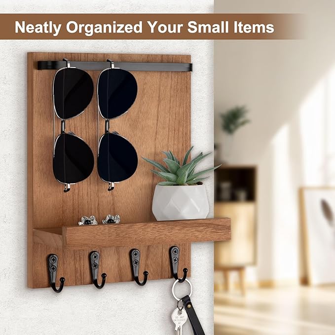 Lucundm Key Holder Wall Mount, Key Holder for Wall with 4 Hooks, Farmhouse Key Hanger Holds Dog Leash, Sunglasses – Decorative Mail Organizer Home Decor (Wood)