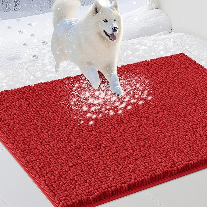 IM HOME Dog Door Mats for Muddy Paws, 36" X 24" Christmas Chenille Absorbent Doormat, Non Slip Heavy Dog Rugs for Muddy Paws, Soft Indoor Door Mat for Entryway, Mud Paw, Inside Floor, Red
