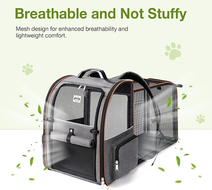 Cat Carrier Backpack, Expandable Pet Carrier with Sun Shade & Full Front Opening, Breathable Mesh Backpack for Small Dogs & Medium Cats Up to 18 Lbs, Foldable for Hiking, Camping (Grey)
