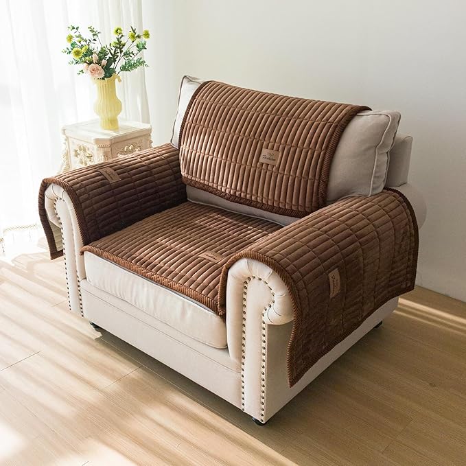 PJLZJFBY Couch Covers for Dogs, Velvet Dog Couch Cover, Pet Couchs Covers for Backrest & Armrest, Couchs Protector for Dogs, Sofa Cover for Pets Washable(1PC,Dark Brown,27.5"×27.5",Single Seater)