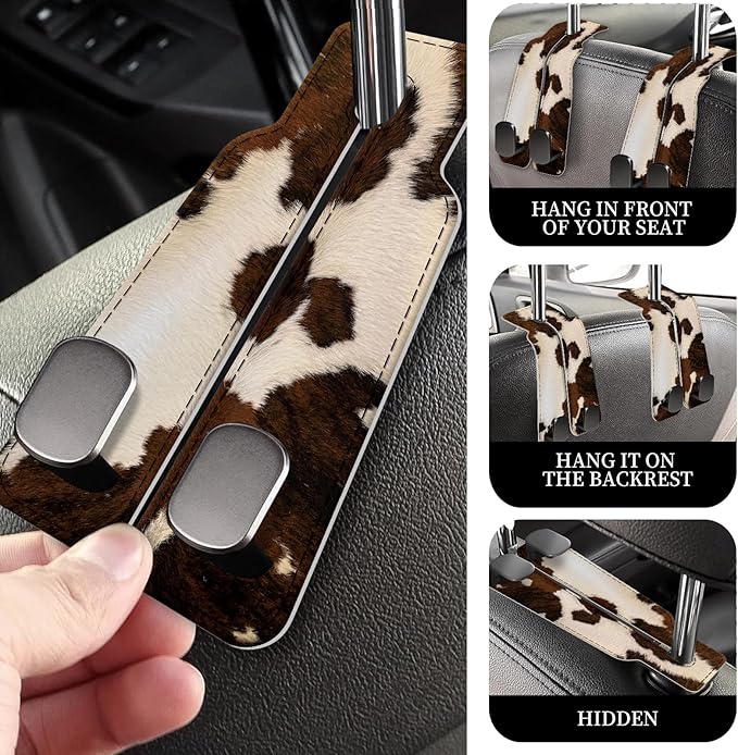 PU Leather Car Seat Hook, Storage Headrest Hanger, Cute Car Backseat Organizer, Car Hooks For Purses and Bags Cowhide Brown White