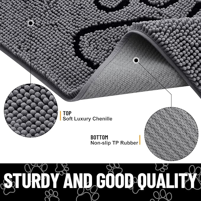Smiry Dog Door Mat for Muddy Paws, Absorbent Dirt Trapper Non Slip Quick Dry Washable Chenille Mat for Mud Dogs, Entry Rug for Indoor and Outdoor (47x24 Inches, Dark Grey and Black)