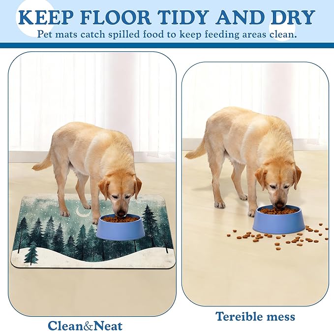 Mysty Winter Fores Pet Feeding Mat–Christmas Stocking Quick Dry Absorbent Dog Cat Food Mat, Non Slip Waterproof Bowl Placemat for Messy Eaters, Pet Accessories for Floors 12"x20"
