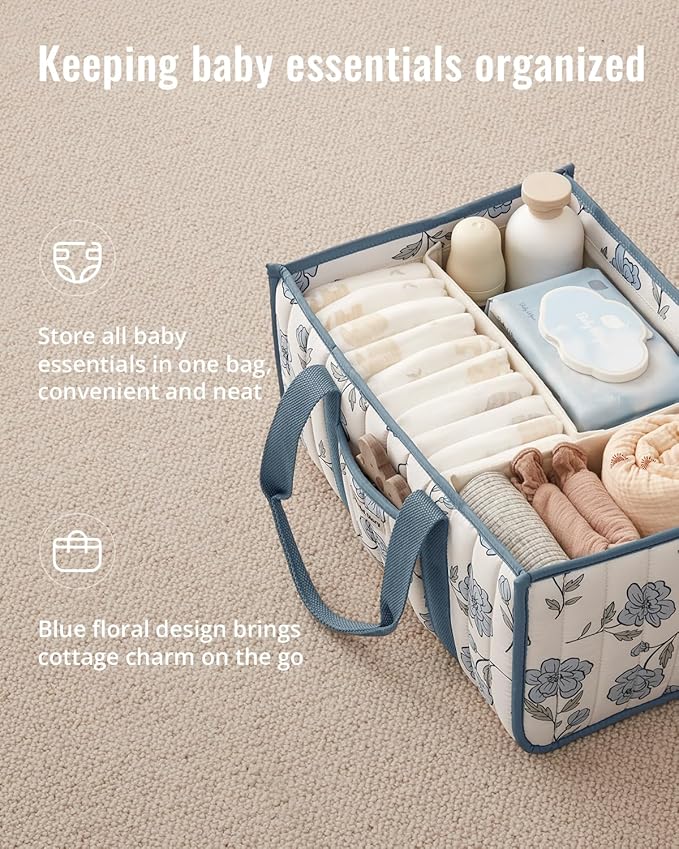 Blissful Diary Floral Diaper Caddy Organizer, Stylish Nursery Storage Basket, Gift for Baby Shower, Newborn Essentials, Peony Blue