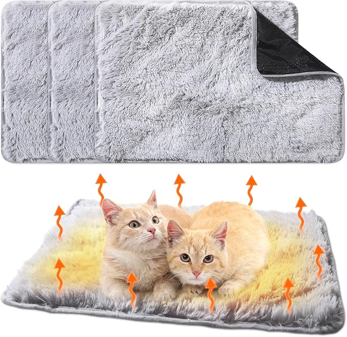 4 Pack Self Warming Cat Pad Self Heating Cat Mat Thick Faux Fur Plush Pet Bed Thermal Washable Dog Mat Anti Slip Bottom for Outdoor Indoor Pets(Grey,19" X 29")