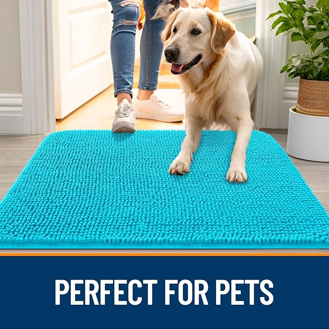 OLANLY Dog Door Mat for Muddy Paws 40x24, Absorbs Moisture and Dirt, Absorbent Non-Slip Washable Doormat, Quick Dry Chenille Mud Mat for Dogs, Entry Indoor Entryway Carpet for Inside Floor, Aqua Blue