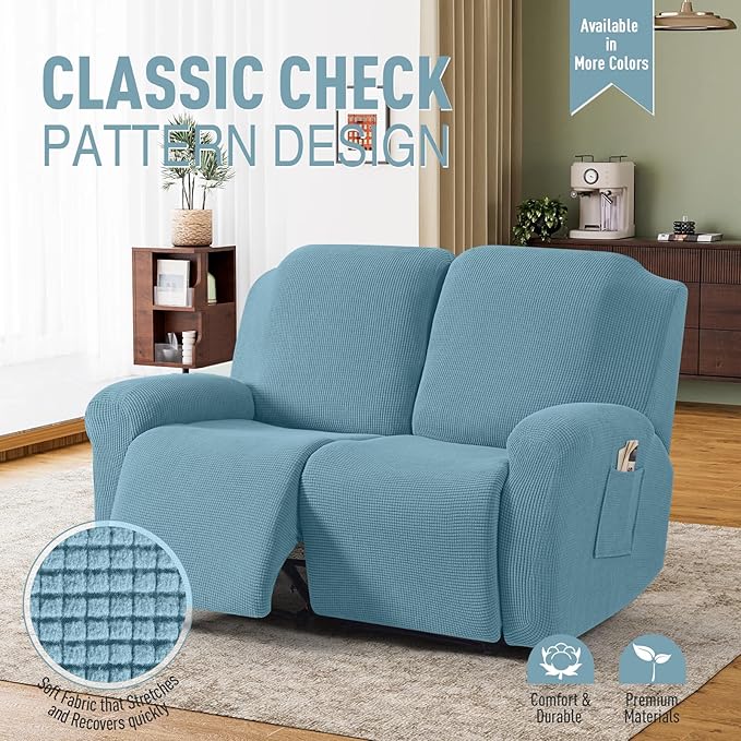 TAOCOCO Recliner Loveseat Slipcover, 6 Pieces Dual Recliner Sofa Covers for 2 Seat Dual Reclining Loveseat Couch, Stretch Soft Jacquard Pattern Furniture Protector with Elasticity (Dusty Blue)