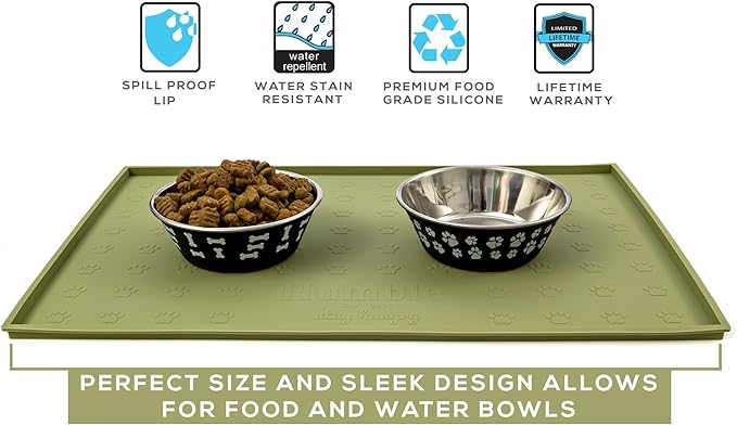 Humble Pet Food Mat Feeding Tray - Non-Slip, Anti-Spill, Raised Dog Food Mat, Easy Clean Waterproof - Premium Quality Silicone - Perfect for Dog Bowl Mat and Cat Feeding Mat Tray, 24" x 16" (Olive)