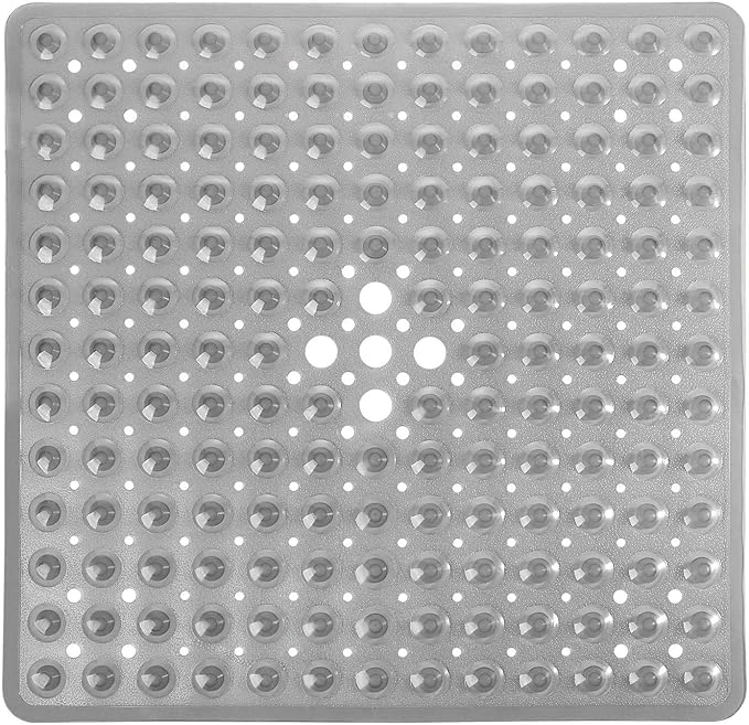 Yimobra Shower Bathtub Mat Non Slip, 21x21 Inch, Soft Square Bath for Tub with Suction Cups and Drain Holes, Stall Floor Mats Bathroom, Machine Washable, Bathroom Accessories, Clear Gray