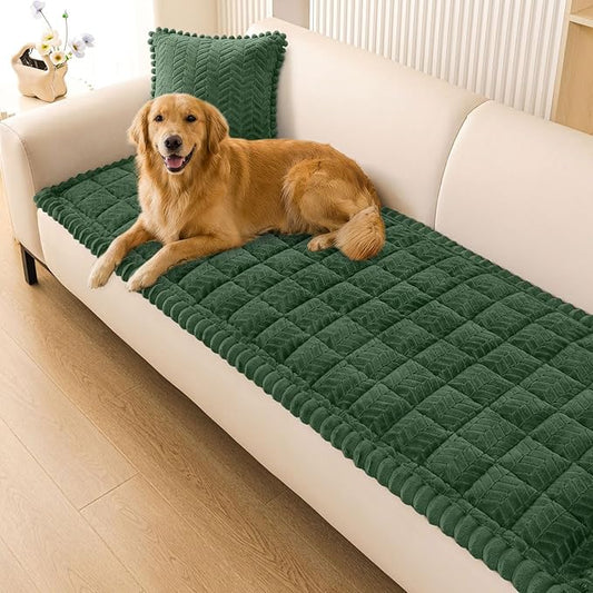 Smiry Non Slip Couch Covers for Dogs, Fuzzy Pet Couch Covers for 3 Cushion Sofa Pet Friendly, Soft Sofa Slipcovers Cushion Furniture Protector Washable (Dark Green, 35.4" x 82.7")