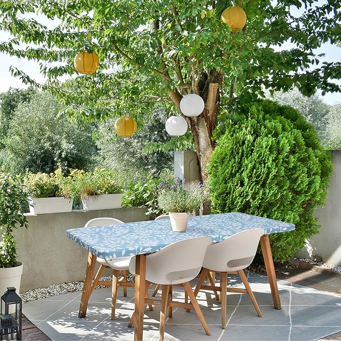 misaya Rectangle Vinyl Tablecloth, Fitted Table Cover, 100% Waterproof, Elastic Edge, Flannel Backing, Plastic Table Cloth Fit Folding Tables for Picnic, Outdoor (Blue Leaves, 36x96 inch)