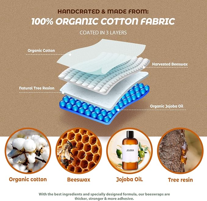 Akeeko Reusable Beeswax Food Wraps - Assorted 12 Pack, Reusable, Plastic-Free Food Storage, Sustainable Gifts, 3 Sizes (6S,4M,2L)