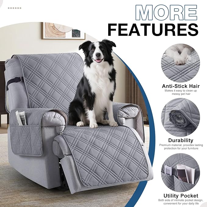 TAOCOCO 100% Waterproof Recliner Chair Covers, Non Slip Recliner Covers for Recliner Chair with Pocket, Washable Reclining Chair Cover Furniture Protector for Kids,Dogs(25'', Grey)