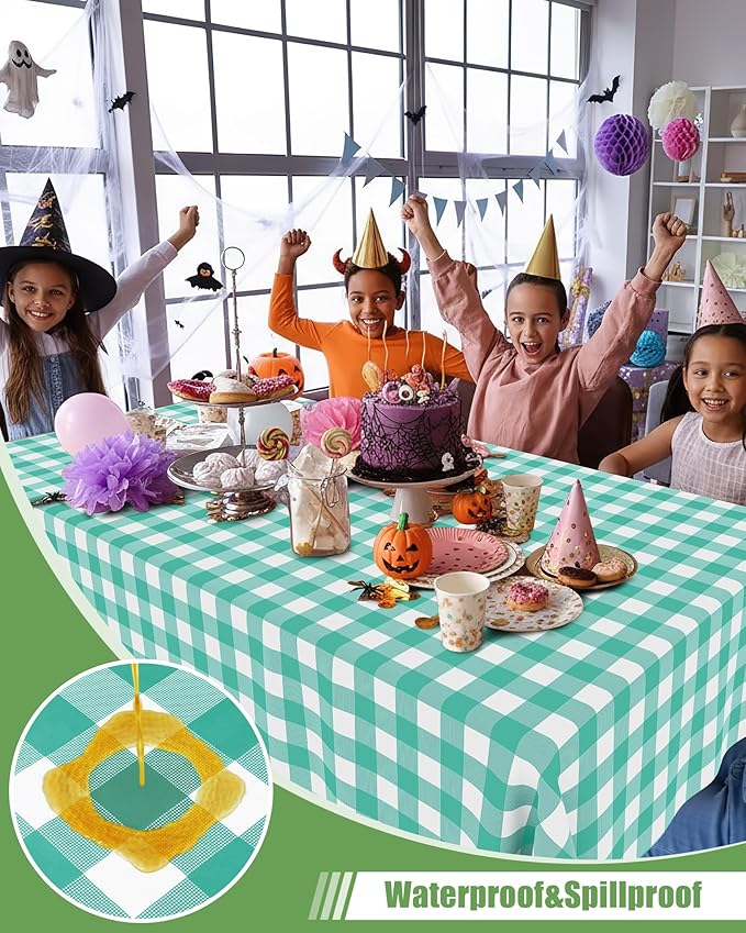 Smiry 12 Packs Gingham Disposable Table Cloth, 54 x 108 Inch Waterproof Plastic Tablecloth, Rectangle Teal and White Checkered Table Covers for Picnic, Birthday, Party