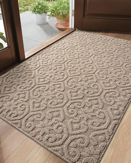 DEXI Front Door Entryway Mat Non Slip, 3x5 ft Large Washable Inside Entrance for House Floor Low Profile, Thin Entry Doormat Absorbent Dirt Trapper, Light Beige