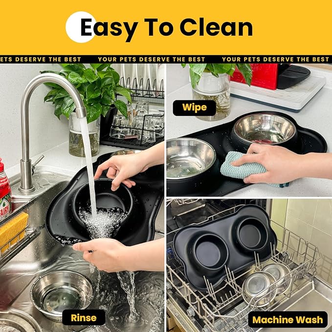 Dog Bowls with Silicone Feeding Mat, No Spill Food Water Dish Set, Dishwasher Safe, 2 Stainless Steel Puppy Bowls, Suitable for Tiny Dogs Kittens Cats Rabbits Pets under 8lbs, Extra Small,Black