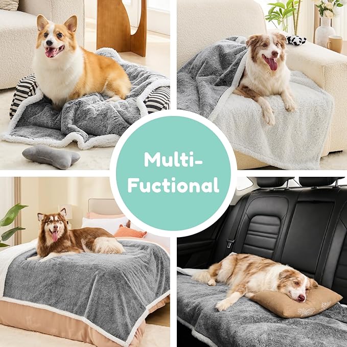 Extra Large Dog Blanket, Waterproof Faux Fur & Sherpa Oversized Pet Throw for Bed & Couch Protection, Soft Cozy Dog Blankets for Large Dogs, 60"x80", Black