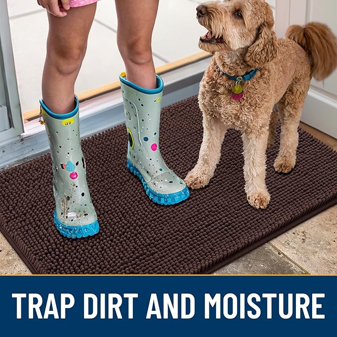 Smiry Dog Door Mat for Muddy Paws 47x17, Absorbs Moisture and Dirt Doormat, Non-Slip Washable Quick Dry Chenille Front Door Mat Indoor Entrance, Entryway Carpet for Inside Floor, Brown