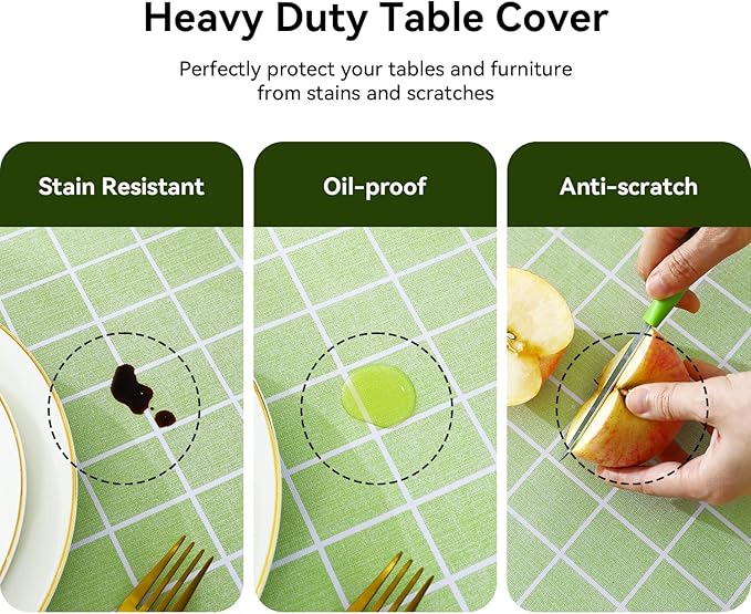 Romanstile Square Vinyl Tablecloth, 100% Waterproof Oil-Proof Checkered Plastic Table Cloth, Heavy Duty Wipeable Table Covers for Dining, Camping, Picnic, Outdoor - 60 x 60 Inch, Green