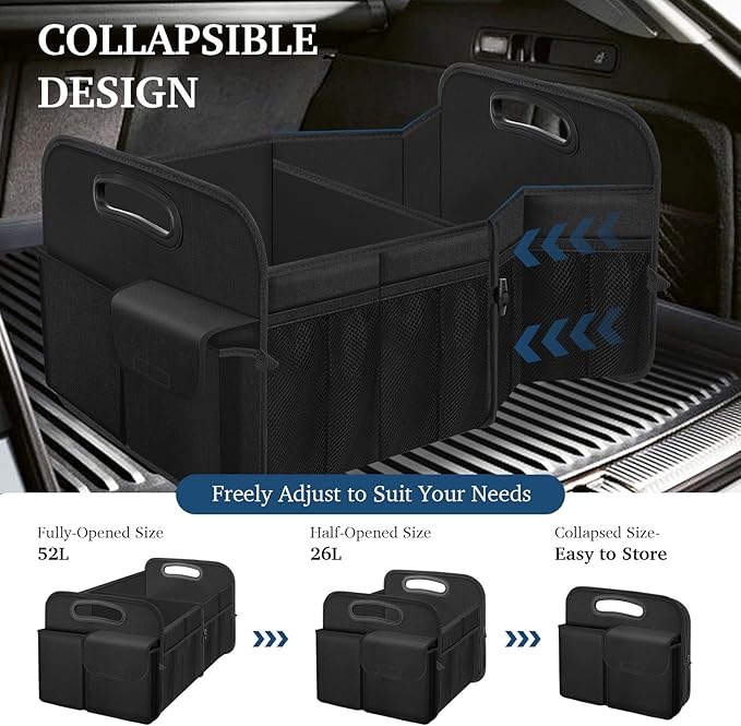 Femuar Car Trunk Organizer with Large Capacity Waterproof Car Accessories for Women & Men, Collapsible Trunk Organizer for Suv/Jeep/Sedan (Black, Standard)