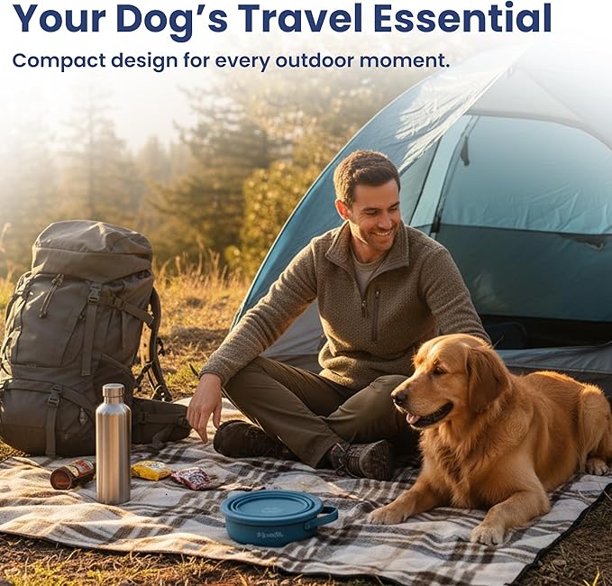 PawsPik 2-in-1 Travel Dog & Cat Bowl – Collapsible BPA-Free Silicone & 18/8 Stainless Steel, Portable & Non-Slip with Handle, Easy to Clean, Food & Water Bowl for On-the-Go Pets (Midnight Summit Blue)