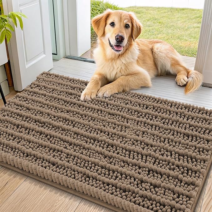 Smiry Dog Door Mat for Muddy Paws 32x21, Extra Soft Absorbent Chenille Doormat, Trap Moisture and Dirt, Non-Slip Machine Washable Front Door Mat for Indoor Entrance Inside Floor, Camel