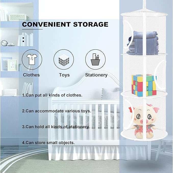 2Pcs Stuffed Animal Storage Foldable Stuffed Animal Net or Hammock Organizer, 3 Compartments Hanging Mesh Toy Storage Hammock for Kid Room Toys, Gloves, Hats, Socks(White)