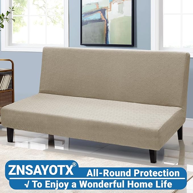 ZNSAYOTX Stretch Fit Futon Cover (67"-82") Armless Futon Sofa Bed Slipcover with Elastic Band, Universal Foldable Sofa Mattress Protector Full Queen Size, Washable Comfort Jacquard (Khaki)