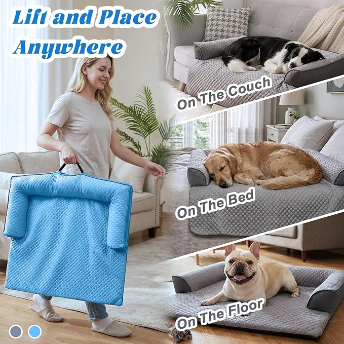 GGIB Cooling Dog Bed Mat with Bolster Pillow Washable Dog Couch Cover Breathable Summer Pet Couch Bed Protector Indoor(Small, Cooling Blue)