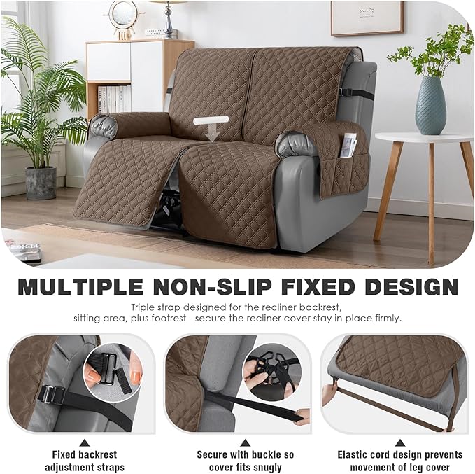 TAOCOCO 100% Waterproof Recliner Couch Covers, Recliner Sofa Covers with Leg Straps, 1-Piece Washable Reclining Sofa Cover with Pocket Couch Protector for Pets Kids(2 Seater, Brown)