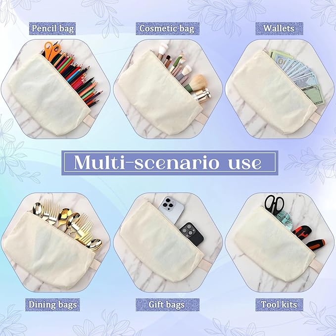 Sanwuta Canvas Tote Bags Bulk with Outer Pocket and Makeup Pouch 18'' Reusable Grocery Bags with Handles for Women Beach DIY