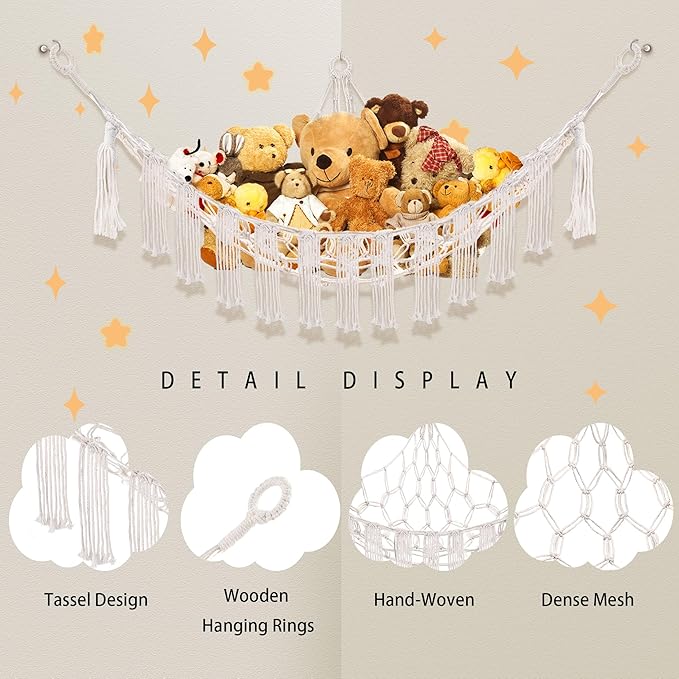 CERETIA Stuffed Animal Hammock with LED Light, Large Stuffed Animals Storage Corner Plushie Net for Kids Room Decor, 2 Packs White