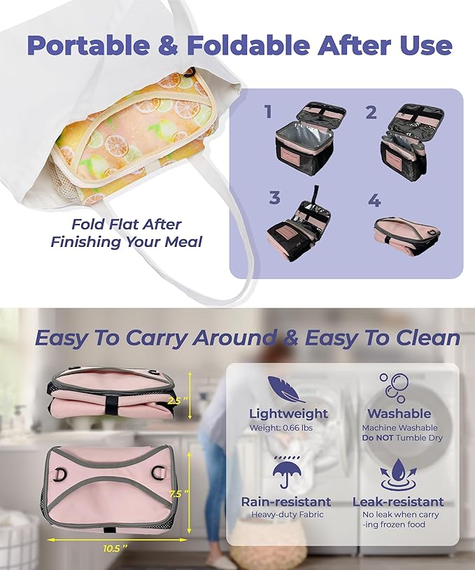 SUNNY BIRD Foldable Insulated Lunch Bag Leakproof Thermal Lunch Box for Women Men Teen with Shoulder Strap (Grapefruit Pink)
