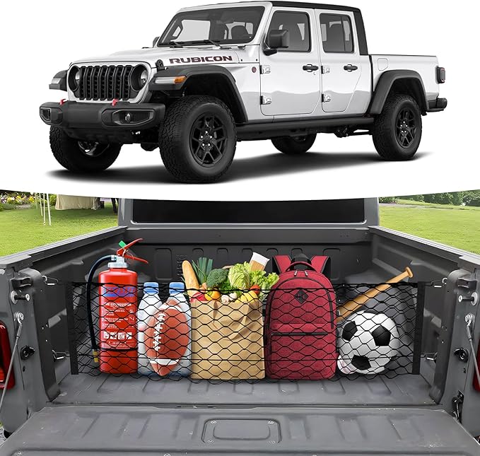 Trunk Cargo Net for 2020-2026 Jeep Gladiator Accessories Envelope Style Mesh Trunk Net Organizer and Storage Stretchable Adjustable Elastic Nylon Rear Cargo Netting with Hooks