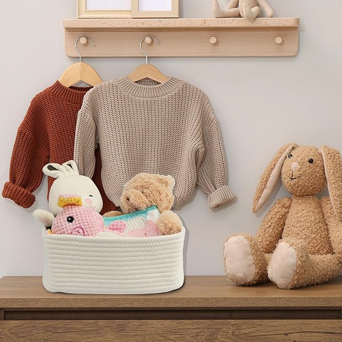 XUANGUO Small Woven Storage Baskets 12“X8”X5“ Decorative Rope Bins for Organizing Shelves, Closets, and Toys, Empty Gift Baskets, Cute Organizer Basket for Home and Office (white, regular)